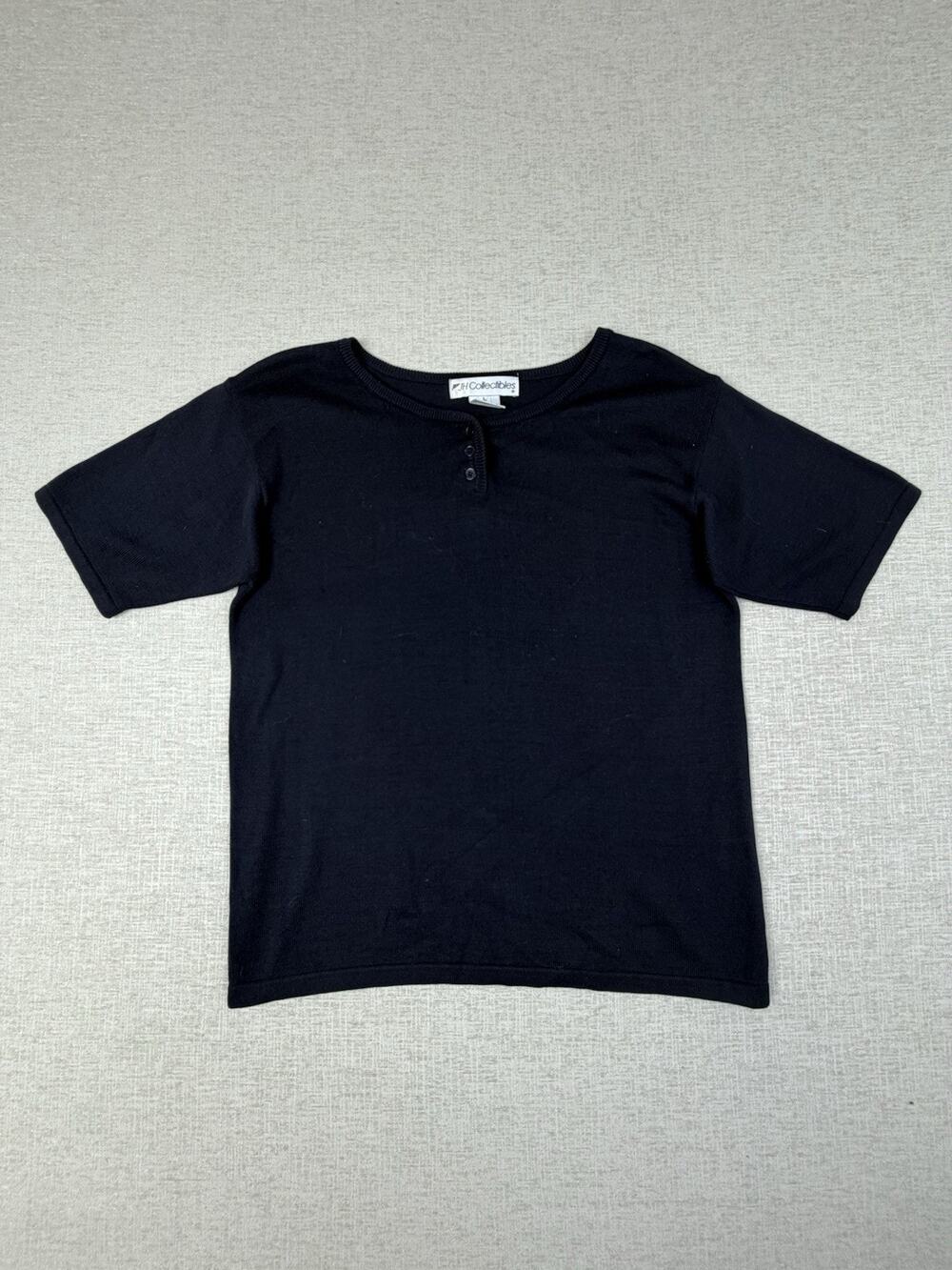 JH Collectibles Women’s L Black 100% Silk Knit Henley Short Sleeve Sweater Top